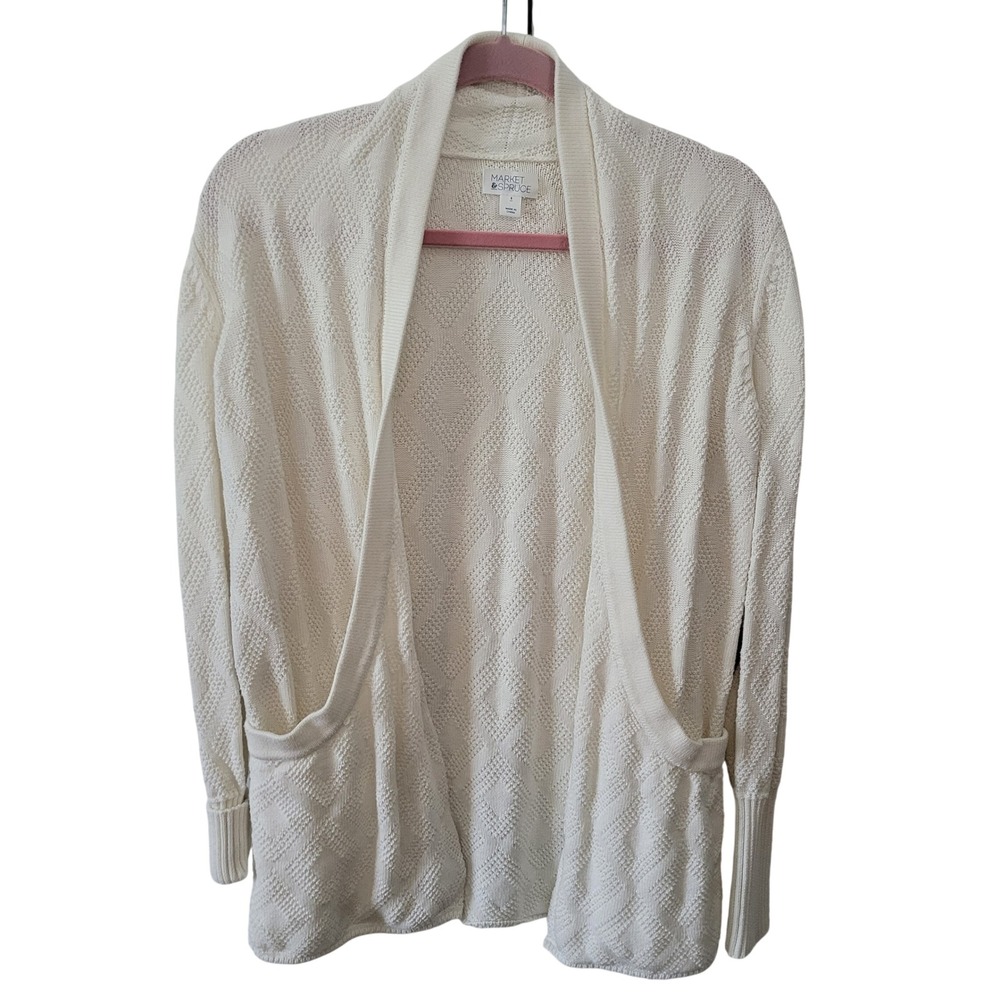 Market & Spruce Size Small Antonie Cardigan White Diamond‎ Knit Elbow Patch